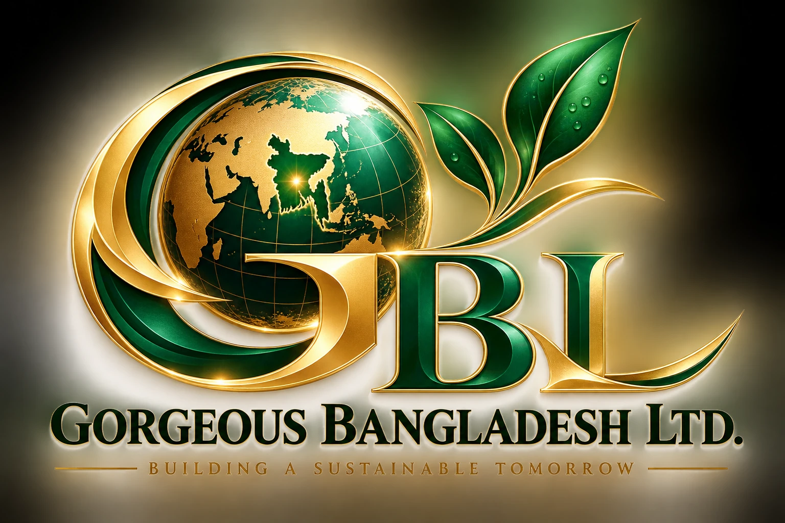 Gorgeous Bangladesh Ltd official website visual identity: emerald and gold globe, GBL and Building a Sustainable Tomorrow